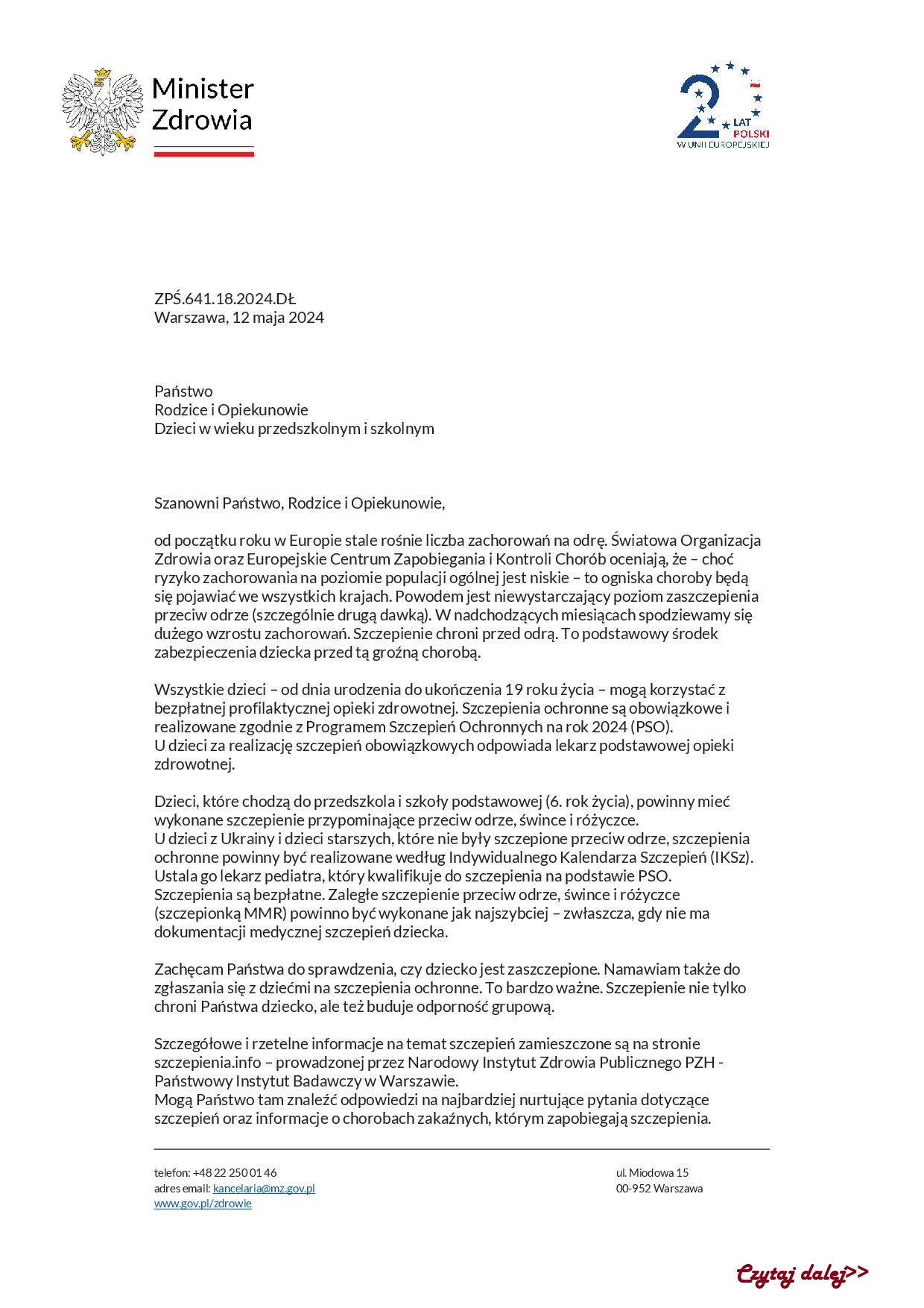 List Ministra Zdrowia do Rodzicow