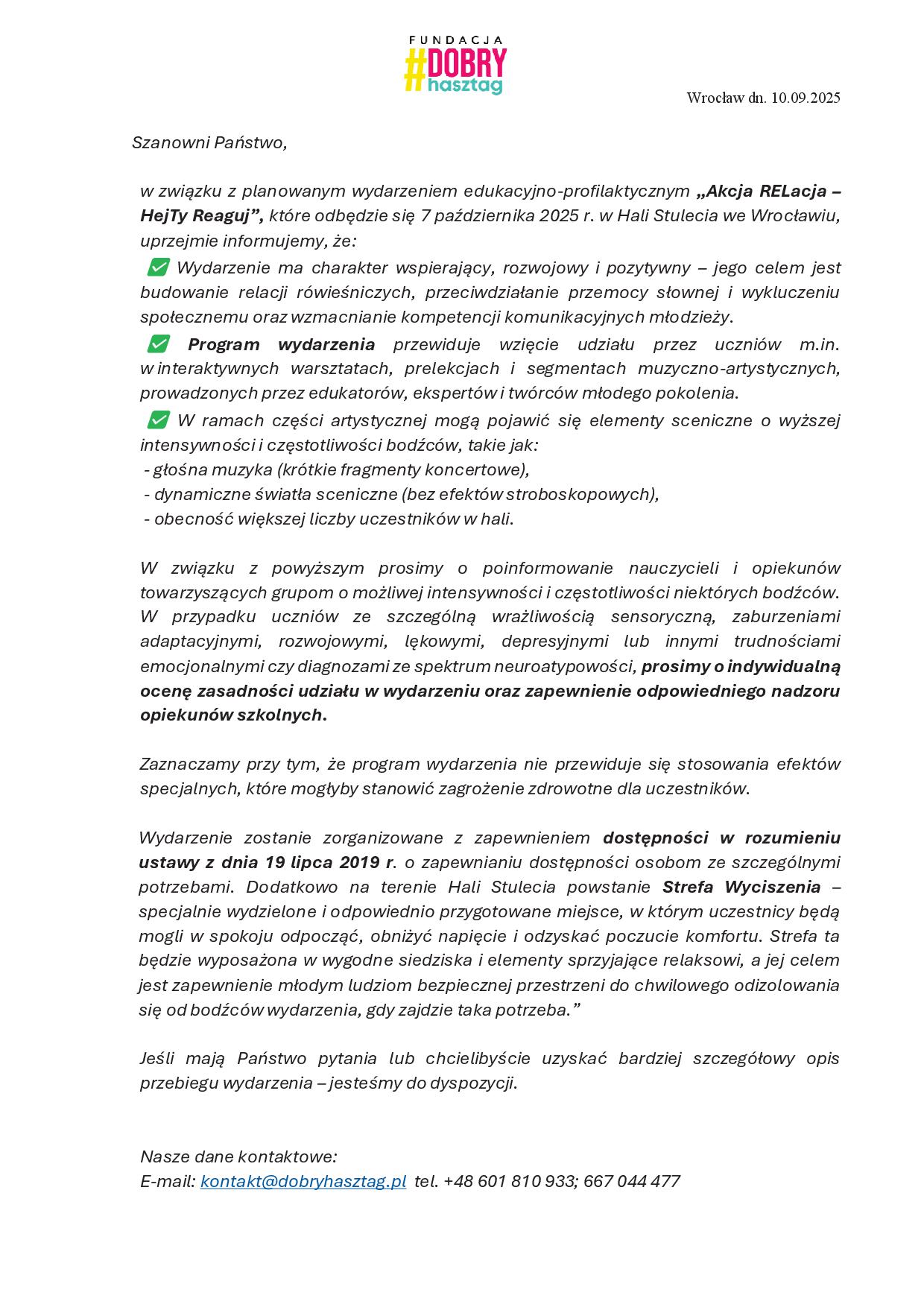 Pismo informacyjne Akcja RELacja   HejTy Reaguj