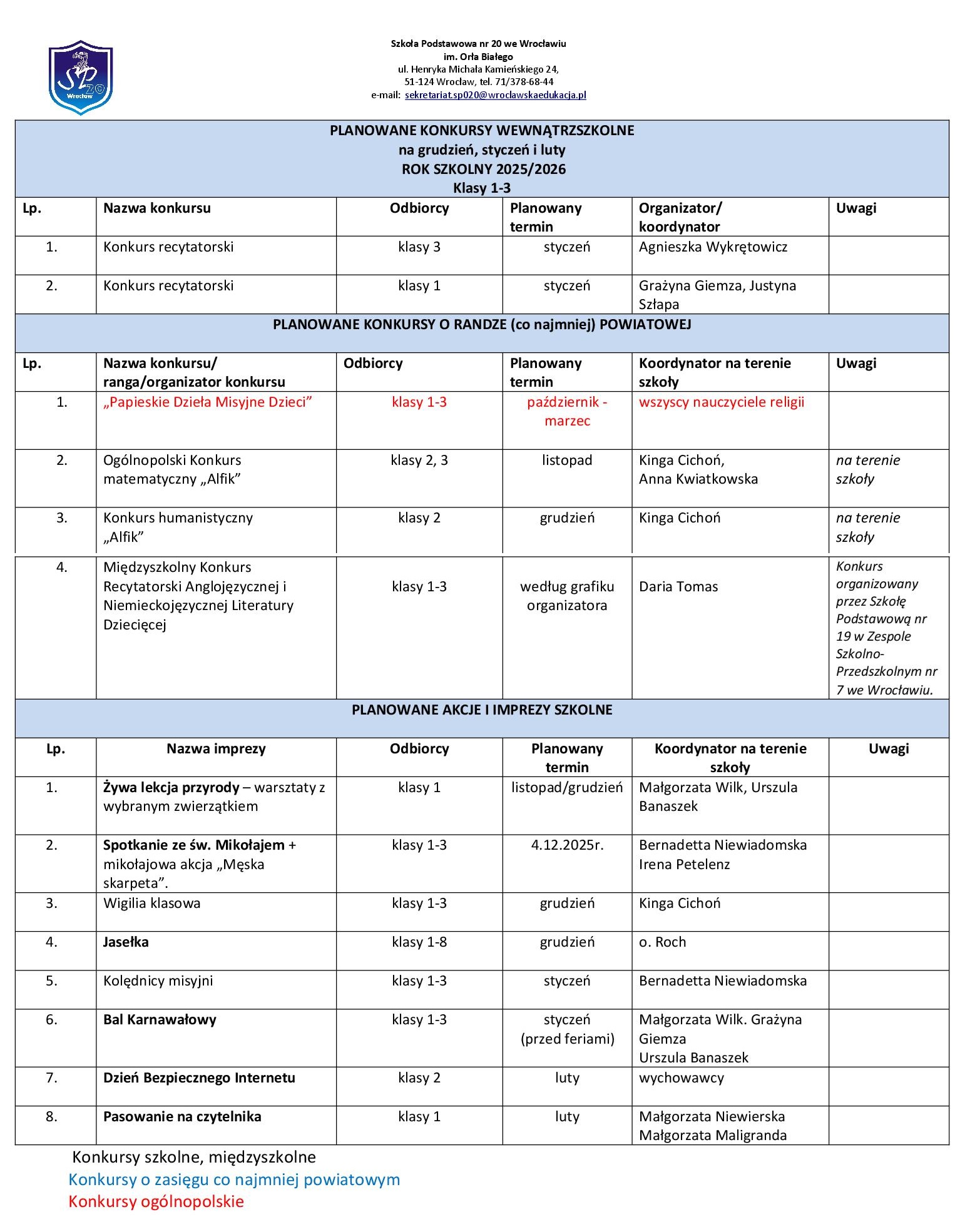 KONKURSY klasy 1 3 grudzien   luty